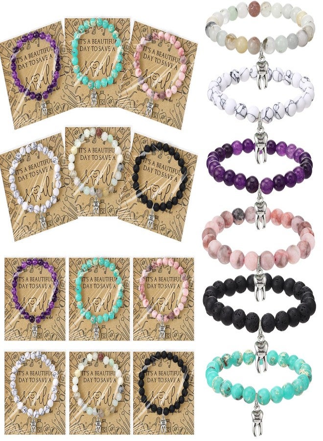 Quelay 6 Sets Dental Hygienist Gift Tooth Bracelet Natural Stone Bracelet with Thank You Card Valentines Appreciation Gift Charm Teeth Jewelry for Dentist Assistant Accessories Women Medical Coworker - Image 1